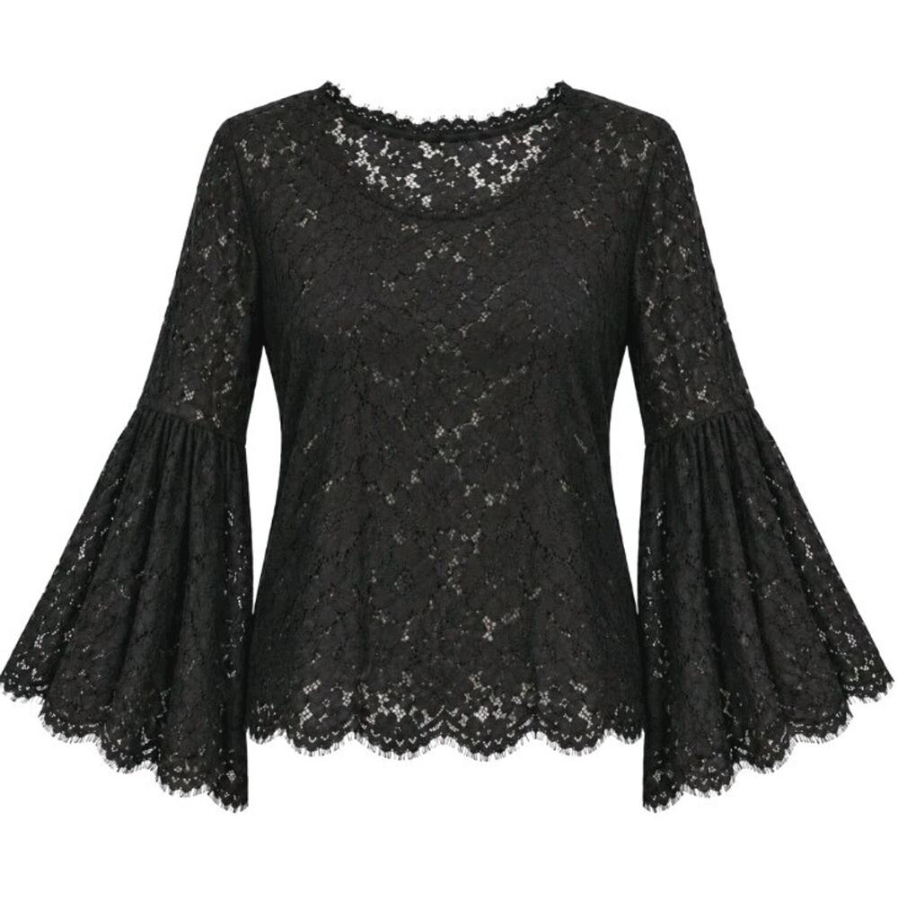 Skylar + Jade Black Lace Bell Sleeve Top Blouse Whimsigoth Romantic Witchy XL